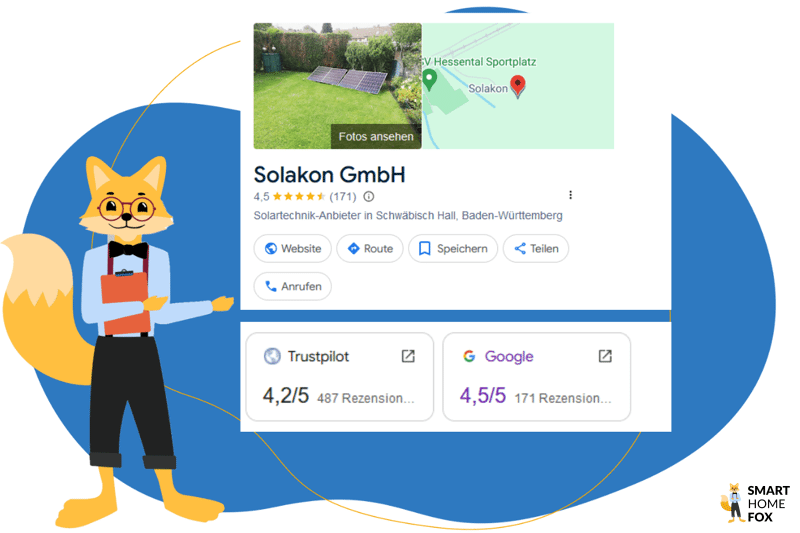 Der Smart-Home-Fox Experte zeigt den Solakon GmbH Google Eintrag mit der Sternebewertung, 4,5 von 5 Sternen bei über 170 Rezensionen.